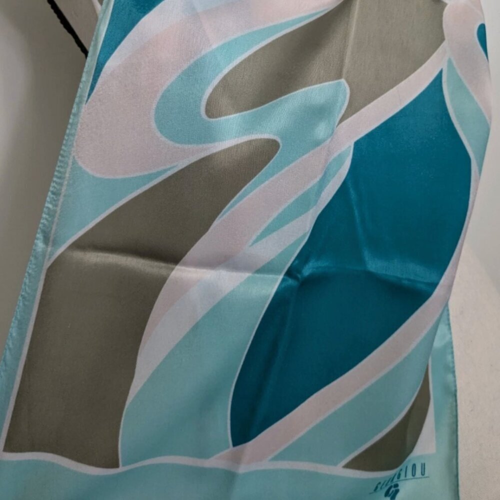 Vintage Georgiou Silk Scarf Blue trim Pink Aqua Brown Abstract - Picture 2 of 2